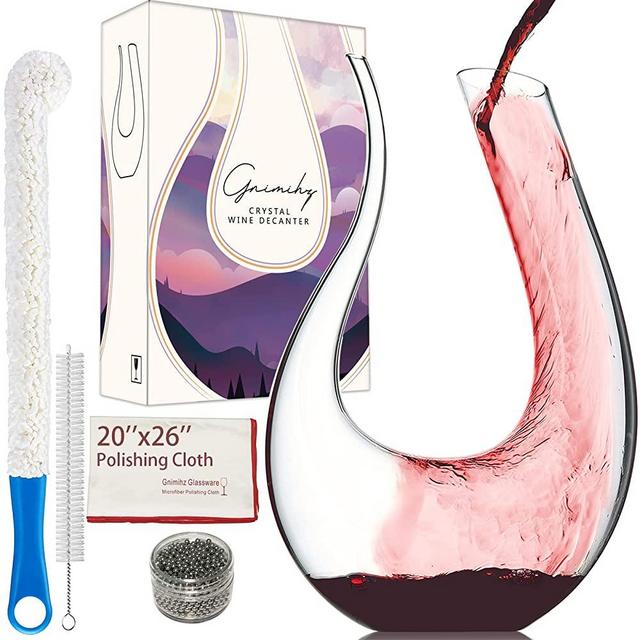 Gnimihz Wine Decanter with Cleaning Tools - Handmade Lead-free Crystal Swan-neck Decanter, Elegant and Effective Wine Accessories, Wine Gifts, 1500ml