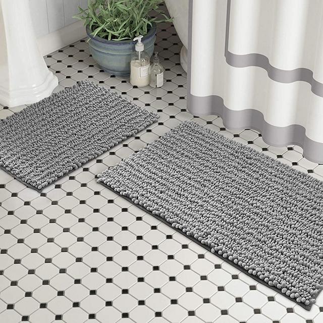 Zebrux Non Slip Thick Shaggy Chenille Bathroom Rugs, Bath Mats for Bathroom Extra Soft and Absorbent - Striped Bath Rugs Set for Indoor/Kitchen (20 x 30 + 15 x 23'', Light Grey)