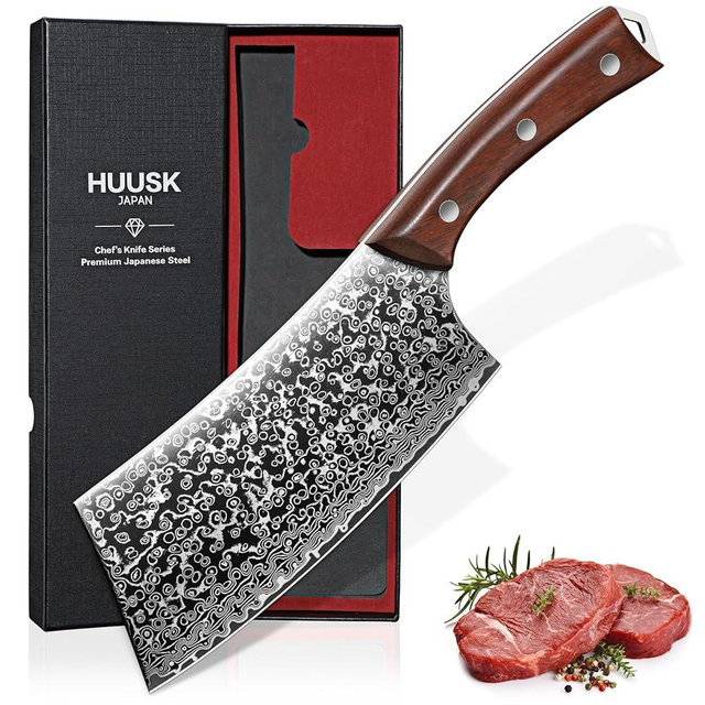 Huusk Meat Cleaver Knife Japanese Kitchen Knife 6.4 Inch, Hand Forged Butcher Knife for Meat Cutting, Vegetable Chopping Knife High Carbon Steel Damascus Pattern Chef Knife Cooking Gift Christmas