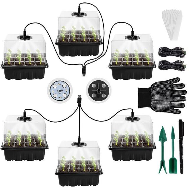 Seed Starter Kit with Grow Light, Cookmaster 6 Pack Seed Starter Trays with Light, Seedling Starter Trays with Humidity Domes, Indoor Gardening Plant Germination Trays (12 Cells per Tray, Black)