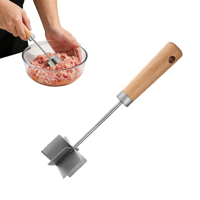 Stainless Steel Meat Chopper, 6-Blade Ground Beef Chopper Tool With Wooden Handle, 11 Inch Hamburger Smasher For Multi-Purpose Kitchen Cooking Vegetable Potato Puree