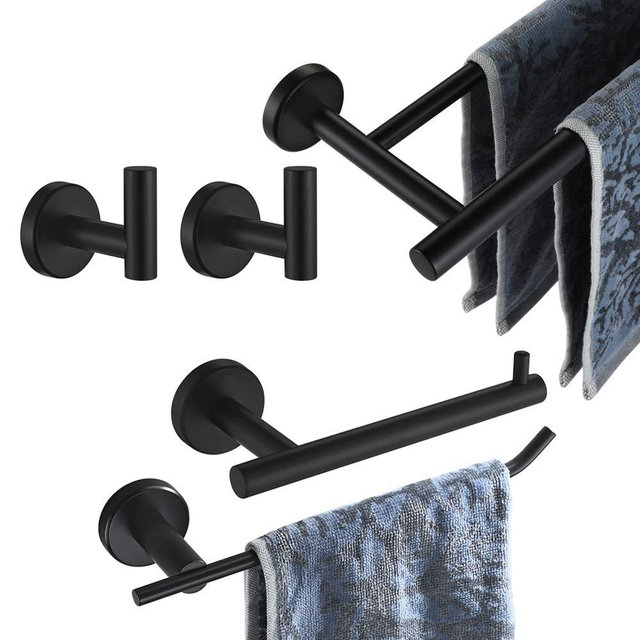 JQK Bathroom Hardware Set, 5-Piece Bath Accessories Set Matte Black Wall Mount Includes 24 in Towel Bar, 9 in HT Bar, TP Holder, Towel Hook x 2, BAS105-PB