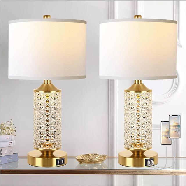 Set of 2 Table Lamps with USB Ports, Modern Bedside Lamp with LED Night Light, Bedside Lamp for Bedroom, Nightstand Lamps for Living Room Office (Gold)(2 Bulbs Include)