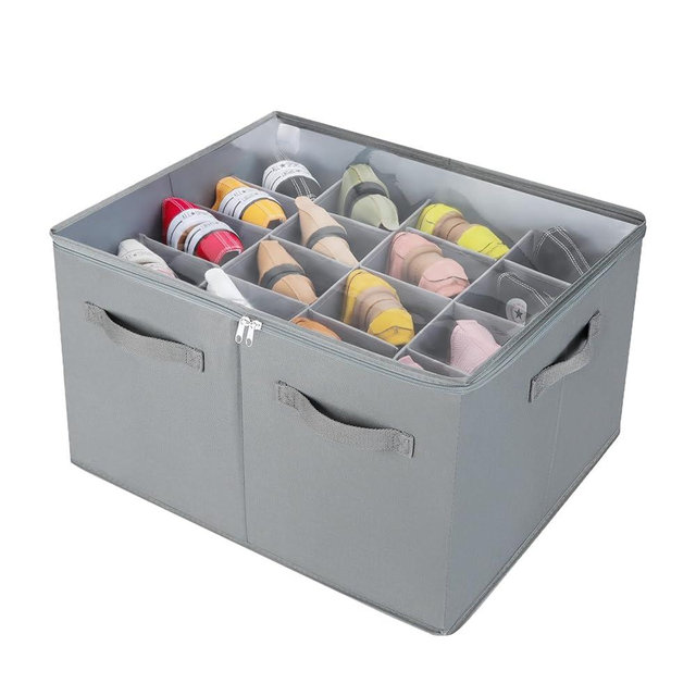 TOPIA HOME Shoe Organizer for Closet, Foldable Shoe Box with Adjustable Dividers and Clear Cover, Space Saving Shoe Storage Organizer Cabinet with Reinforced Handles, Fits 16 Pairs, Gray, TP09G