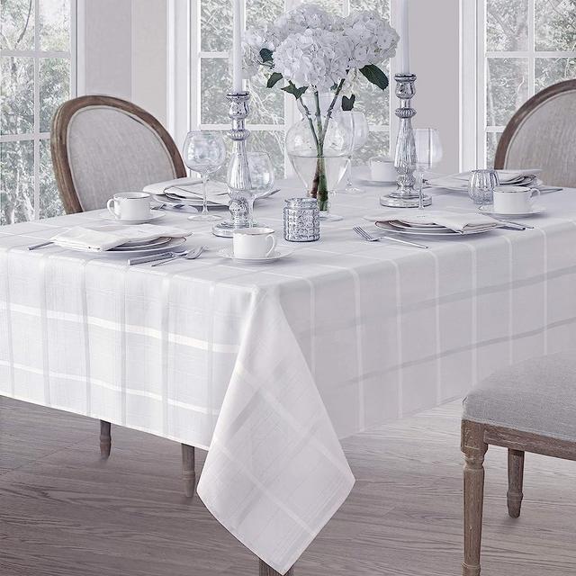 Newbridge Elegance Plaid No-Iron Soil Resistant Fabric Woven Tablecloth - 52 X 70 Oblong - White