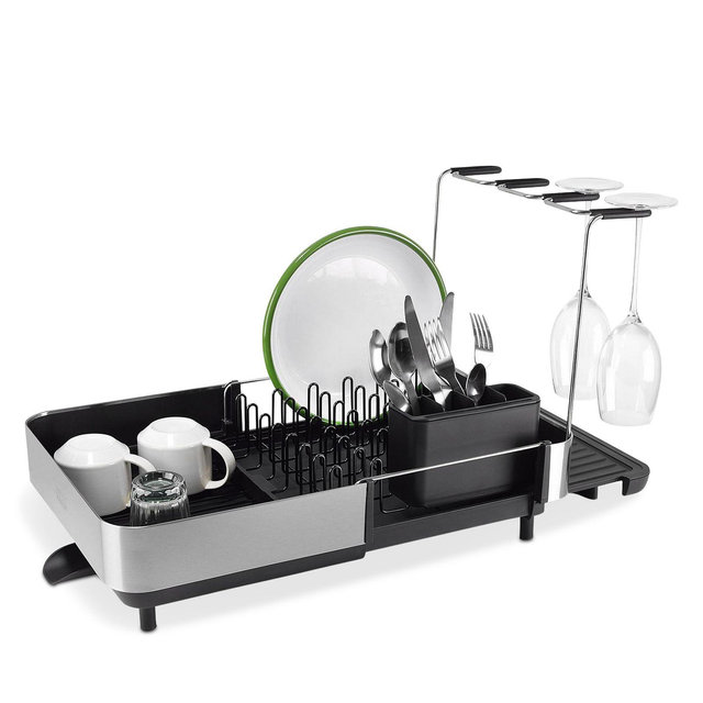 Joseph Joseph Extend Steel Plus Expandable Dish Rack with Wine Glass Holder - Black
