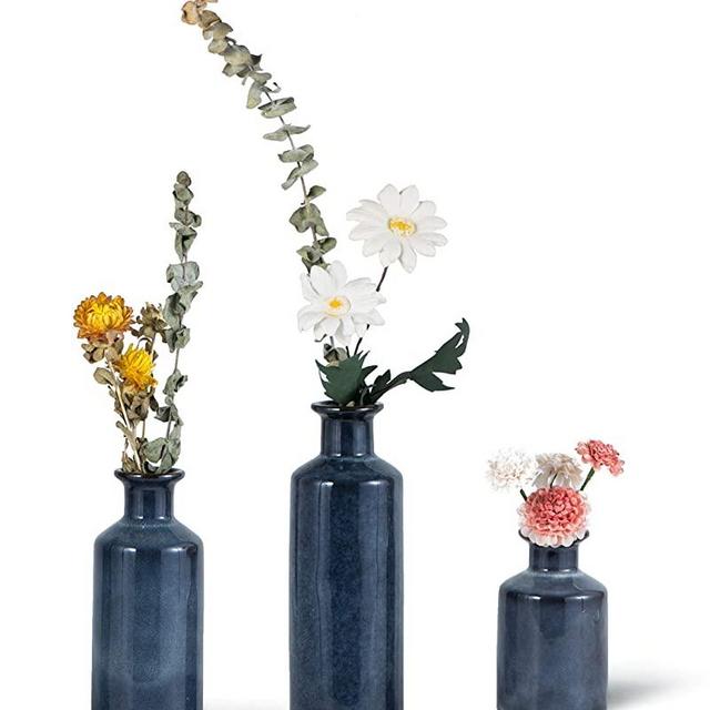 Set of 3 Blue Glazed Ceramic Vase Set, Handmade Decorative Vases, Dried Floral Arrangements, Flower Vases for Home Décor Centerpieces Kitchen Office Wedding or Living Room(3 Sizes 5",7.5",10" Tall)