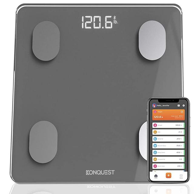 Konquest Smart Digital Bathroom Scale, Wireless Bluetooth BMI, Body Weight, Fat, Body Composition Analyzer with Smartphone App (400 lbs) (Cool Gray)