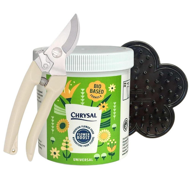 Chrysal Bio-Based Flower Food – Universal Flower Preservative for Fresh Cut Flowers – Eco-Friendly 10 oz Jar with Scoop – Shears and Stripper - (Complete Care Kit)