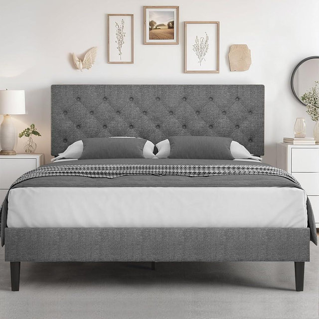 HOMBCK Queen Size Bed Frame, Grey Linen Fabric Upholstered Bed Frame with Headboard, Wood Slats Support, Button Tufted Design, No Box Spring Needed, Light Grey