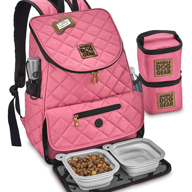 Mobile Dog Gear, Dog Travel Bag, Deluxe Quilted Weekender Backpack, Includes Lined Food Carriers and 2 Collapsible Dog Bowl