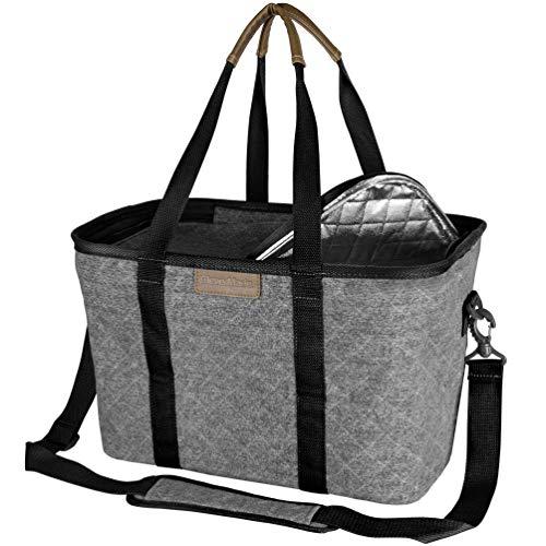 CleverMade SnapBasket Insulated Reusable Grocery Shopping Bag with Shoulder Strap, Reinforced Bottom and Zippered Lid, Collapsible Canvas Picnic and Food Delivery Tote, 30L Size, Heather Grey/Black