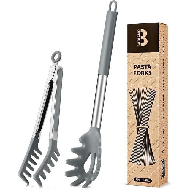 Silicone Spaghetti Spoon & Pasta Tong, Non-Stick Stainless Steel Handle Pasta Fork Set with Teeth, Food Clip for Easy Serving of Noodles(Grey)