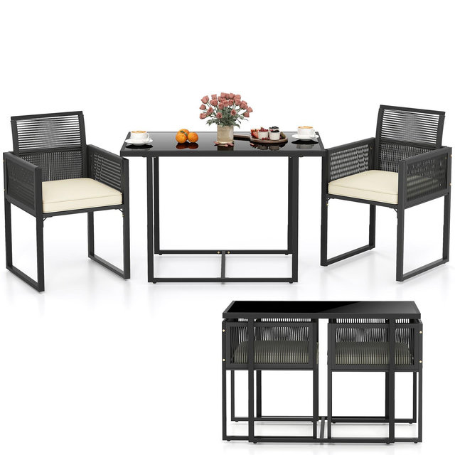Tangkula 3 Pieces Patio Dining Set Outdoor Space-Saving PE Wicker Bistro Set with Cushions Patio Tempered Glass Top Table and Chairs Set