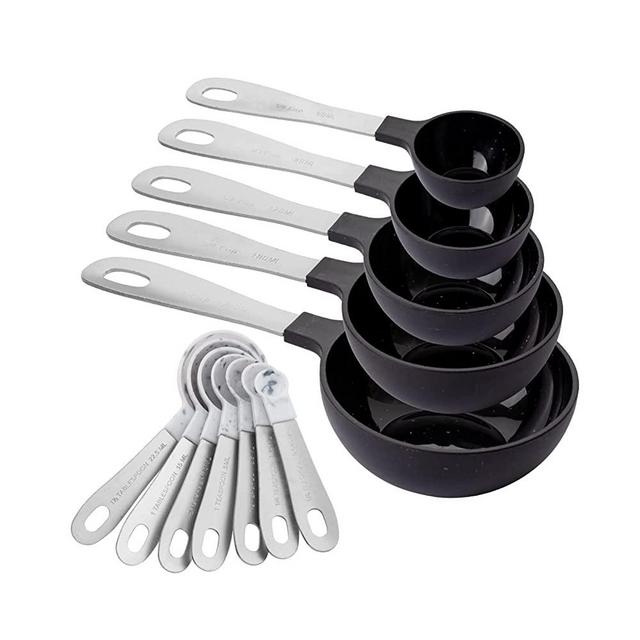 COOK WITH COLOR 12 Piece Plastic Measuring Cups Set and Measuring Spoon Set with Stainless Steel Handles (Black and White Marble)