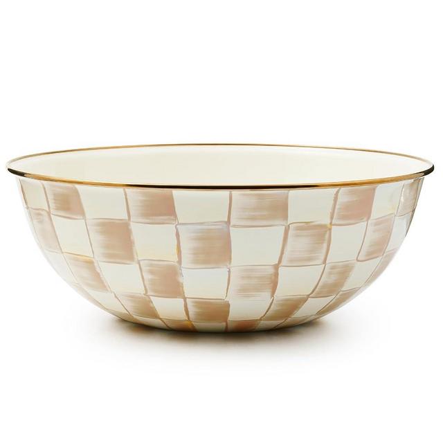 MACKENZIE-CHILDS Enamel Everyday Bowl, Serving Bowl for Entertaining, Extra Large, Brown-and-White Mocha Check