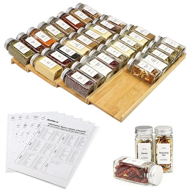 KitHero Spice Drawer Organizer with 35 Spice Jars,216 Labels,50 Non-slip Rubber, Bamboo 4 Tier Seasoning Rack Tray Insert for Kitchen Drawers,Cabinets,Countertop,16.14" Wide x 15.8" Deep