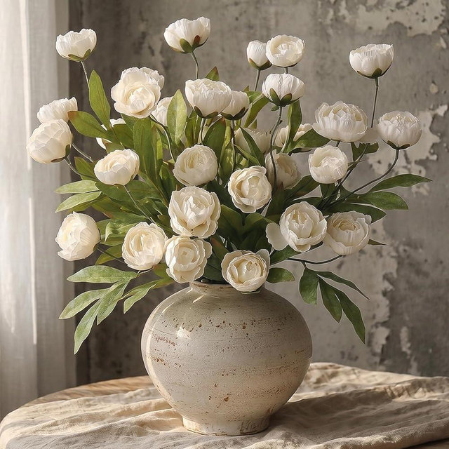 Juxdp 12 PCS Artificial Peony Branches for Vase - 27" Fake Silk Peonies Stems Look Real Faux Flowers for DIY Bouquet, Table Centerpieces, Farmhouse, Home Decor (Cream)