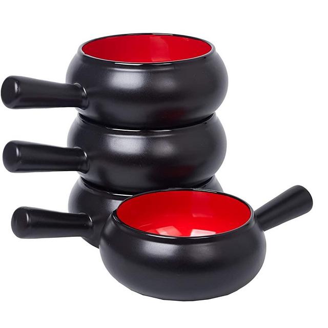 Bruntmor Set of 4 French Onion Soup Bowls with Handle - 17oz Porcelain Crock Serving Bowls for Cereal, Soup, Rice, Chili, Beef Stew, Oatmeal - Dishwasher and Oven Safe Bakeware, MATTE BLACK/RED