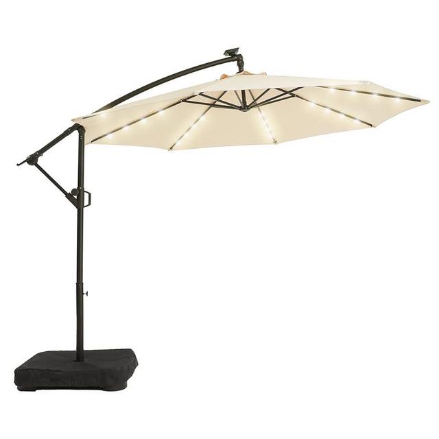 wikiwiki 10FT Solar Patio Offset Umbrella Outdoor Cantilever Umbrella Hanging Umbrellas with Weighted Base, Market Patio Umbrella for Backyard, Garden & Deck, Beige
