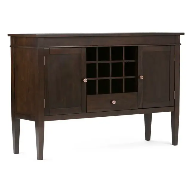 Simpli Home Carlton Solid Wood Sideboard Buffet and Wine Rack in Dark Tobacco Brown