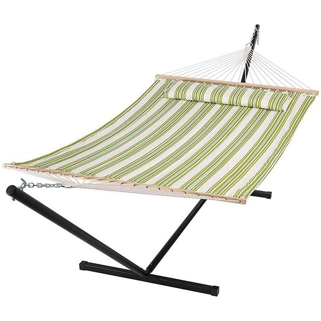 SUNCREAT Portable Double Hammock with Stand, 475 lbs Capacity, Heavy Duty Two Person Hammock with Stand Included, Green Stripe