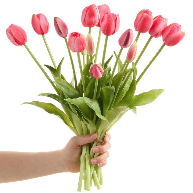 Amore Florals 15 Pcs Red Tulips Artificial Flowers Faux Tulips Real Touch Latex Fake Flower Bouquet for Spring Wedding Home Décor Centerpiece Arrangements