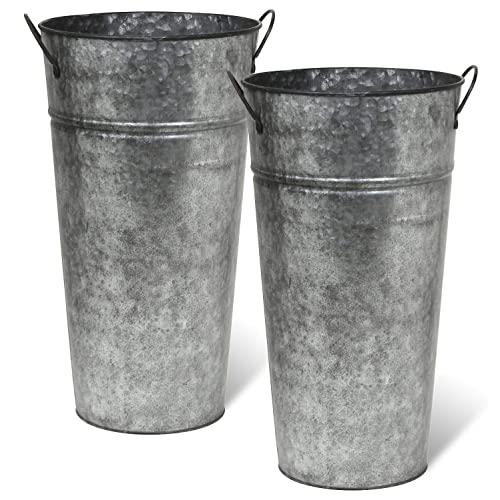Rustic Metal 13 Inch Galvanized Flower Vase - Set of 2 - French Bucket - Farmhouse Style - Perfect for Fresh and Dried Floral Arrangements for Home and Weddings (Pewter Gray)