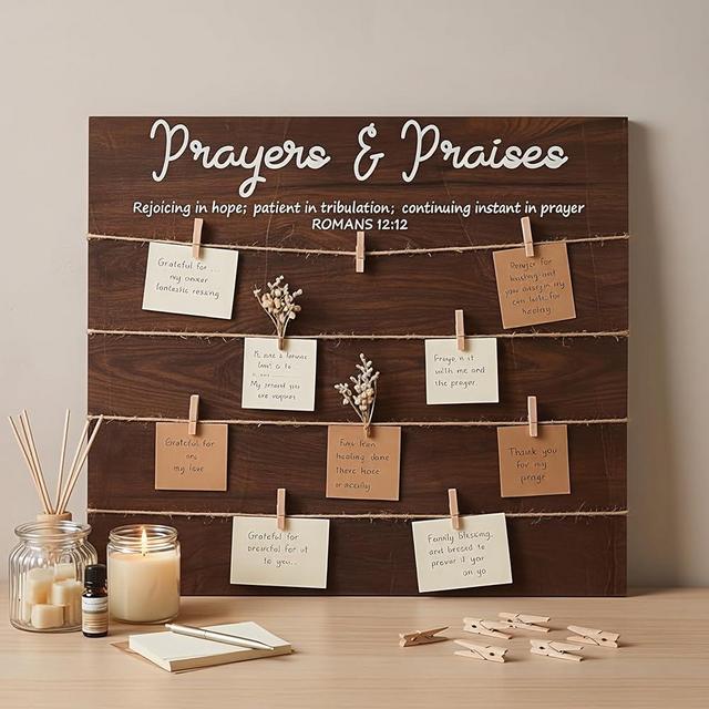 Sieral Wooden Prayer Board Kit with Clips 15.7 x 13 Inch "Prayers & Praises" Wall Mounted Decor Includes 12 Natural Wood Clips DIY Rustic Christian Wall Art for Home Church Room Bible Verse Decor