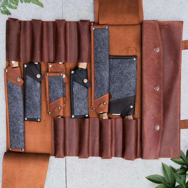 Knife roll leather chef bag, brown, 15.7", 8 slots