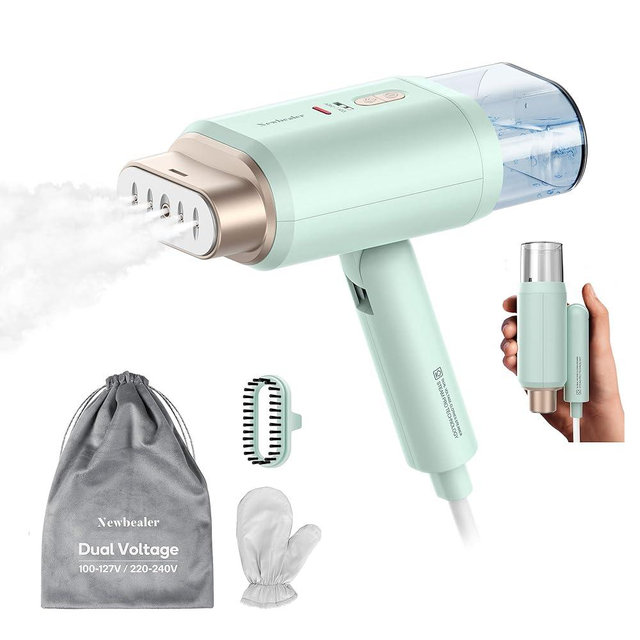 Newbealer Dual Voltage Travel Steamer - 120V/220V Handheld Steamer for Clothes, 1200W Horizontal & Vertical Steaming, 20s Heat-up, Foldable, 180ml Garment Wrinkle Remover (Green)