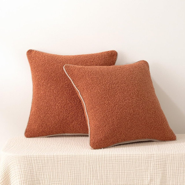 Amazon Basics Boucle Throw Pillow Covers for Couch, Living Room, Orange Home Decor with Hidden Zipper, Brown, 18×18in, Pack of 2