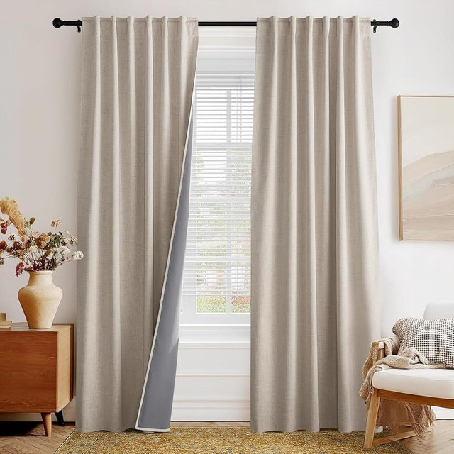 PONY DANCE Beige Linen Blackout Curtains 84 Inch Long for Bedroom Living Room, Cream Back Tab/Rod Pocket Full Black Out Drapes Rustic Farmhouse Curtains for Window, 52" X 84" 7 FT, 2 Panels, Natural