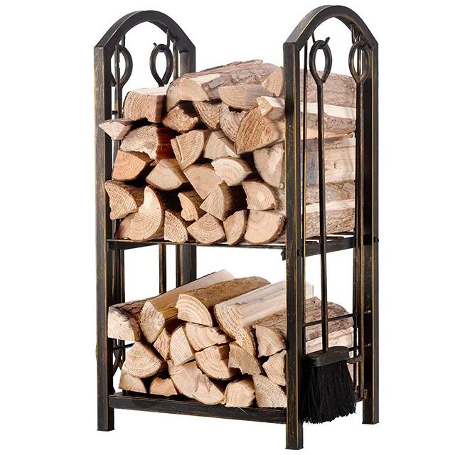 Amagabeli Firewood Rack Indoor 5 Pieces Fireplace Tools Set Fire Wood Holder with Tongs Poker Brush and Shovel Outdoor Log Rack Solid Wrought Iron Fireplace Set Kit Wood Stove Accessories Bronze