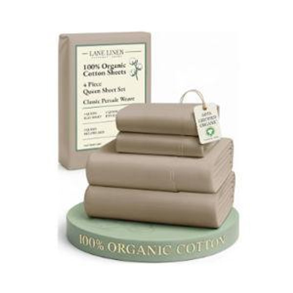 LANE LINEN 100% Organic Cotton Sheets Set Pure Long- Staple Percale Weave - Bedding for Bed Fits Mattress Upto 15" Deep Pocket (Queen Taupe)