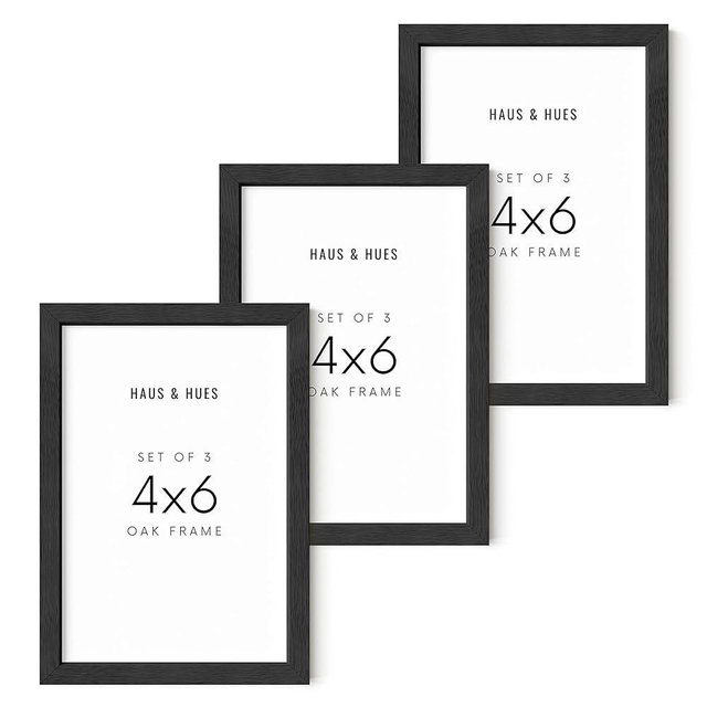 HAUS AND HUES 4x6 Solid Black Oak Frame Set of 3 - Tabletop or Wall Photo Display