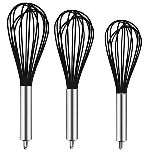 TEEVEA ((Upgraded) 3 Pack Very Sturdy Kitchen Silicone Balloon Wire Set Egg Beater for for Blending Whisking Beating Stirring Cooking Baking, Black,