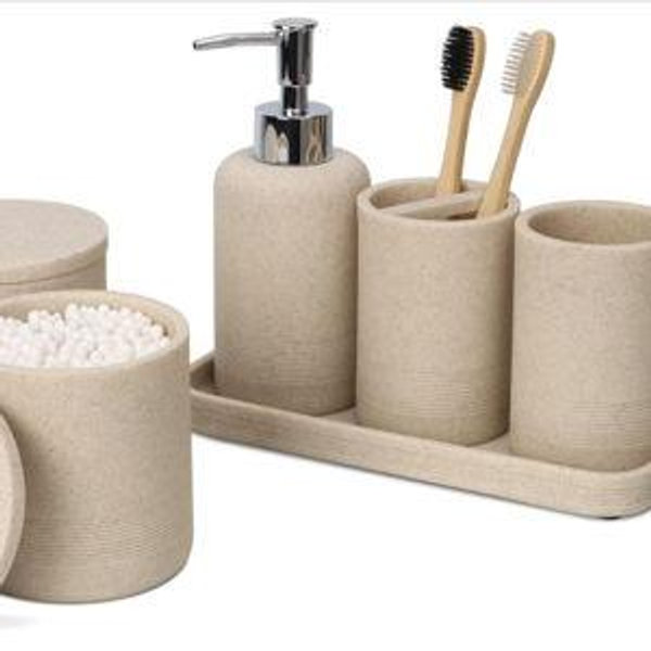ZCCZ - Beige Bathroom Accessories Set 6 Pcs - Toothbrush Holder, Lotion Soap Dispenser, 2 Qtip Holder Dispensers, Vanity Tray, Bathroom Tumbler - Countertop Vanity Organizer - Bathroom Accessory Set
