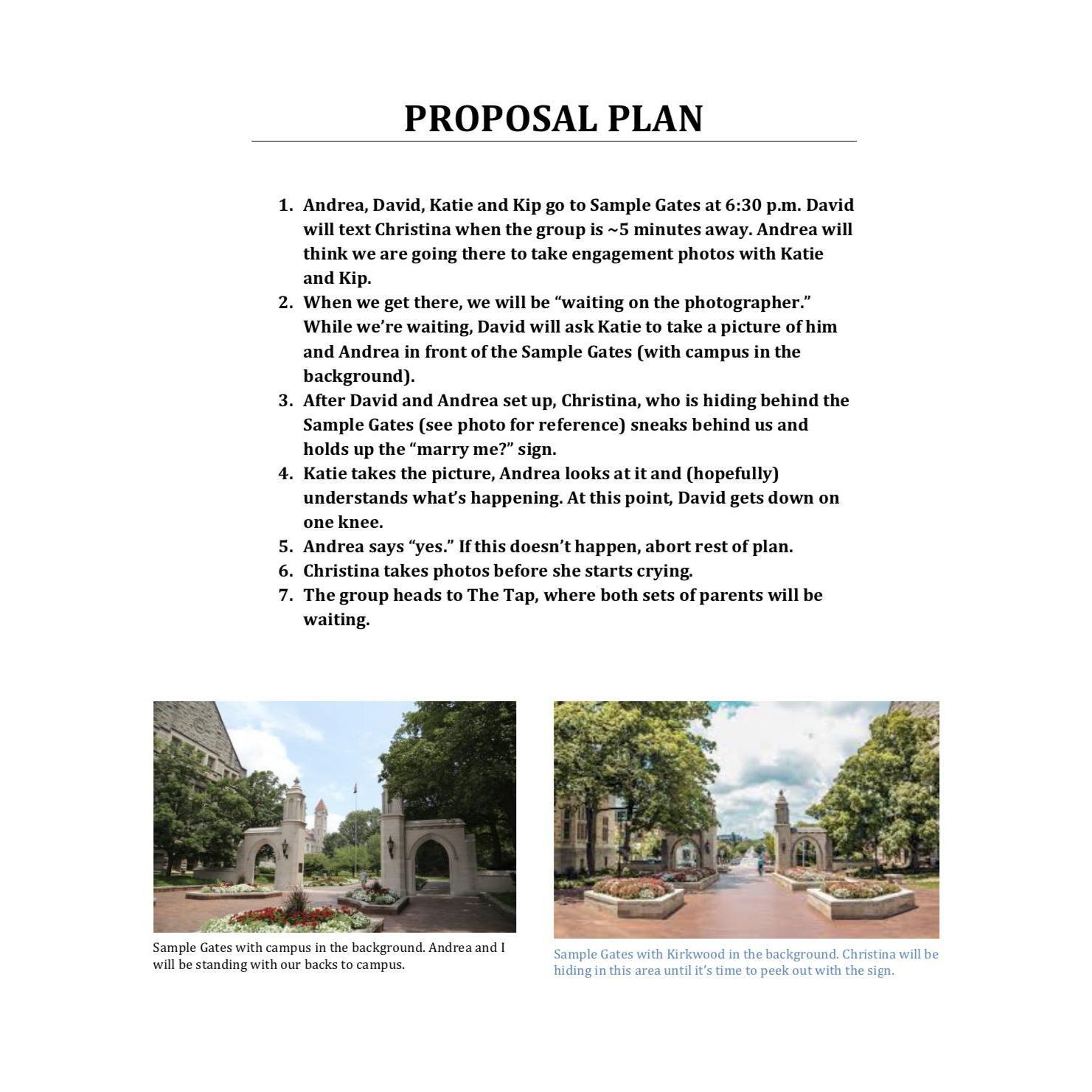 The itinerary for the actual proposal.
Again, shared with all parties involved...except Anj.
