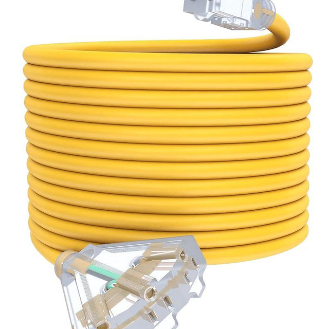 50Ft 12/3 Outdoor Extension Cord with 3-Outlets, Heavy Duty 12 Gauge 3 Prong Extension Cord Waterproof with Lighted end, 15A 12AWG 1875W SJTW, ETL Listed - Great for Garage, Garden and Home, Yellow