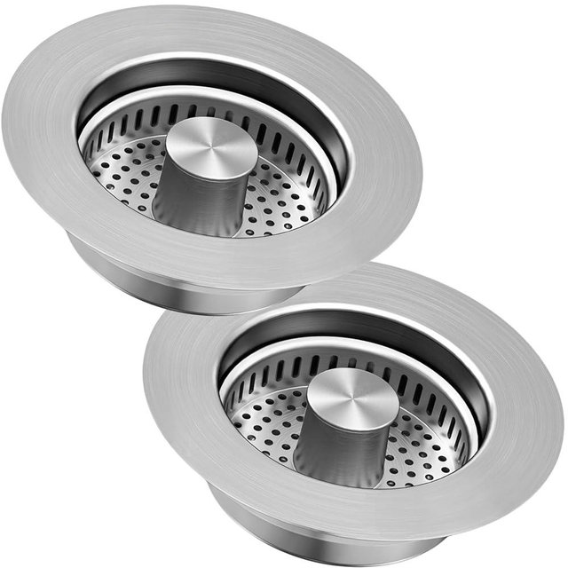 3-in-1 Kitchen Sink Drain Strainer & Stopper, Stainless Steel Food Catcher Plug with Filter Basket, Fits 3-1/2 Inch Drain Hole, Universal Sink Protector Cover, Anti-Clogging, Silver