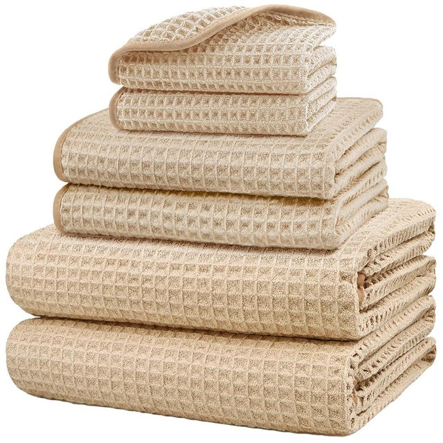 HOMEXCEL 6 Piece Premium Towels Set, 2 Bath Towels, 2 Hand Towels, and 2 Wash Cloths, Soft, Highly Absorbent and Quick Dry Microfiber Waffle Towel for Bathroom, Gym, Shower, Hotel, and Spa, Beige