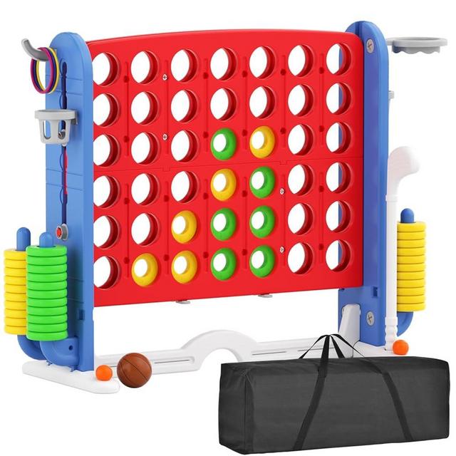 67i Large Outdoor 4-in-a-Row Game Set Adjustable Height – Giant Backyard Combo with Golf, Ring Toss, Basketball & Carry Bag (Red Blue)
