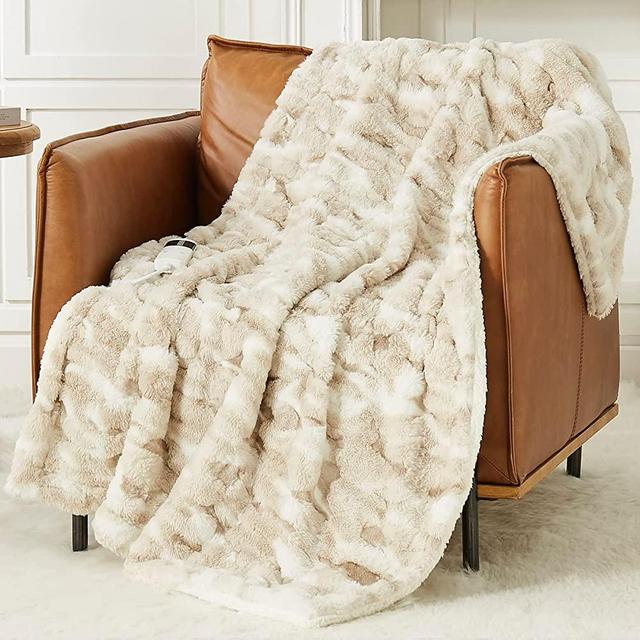 Guohaoi Heated Blanket Electric Throw,10 Heating Levels Fast Heating,1/2/4/6/8 Hour Auto Off,Faux Rabbit Fur/Sherpa Heater Blanket Over-Heated Protection,no Shedding,ETL Certified(Beige 50"x 60")