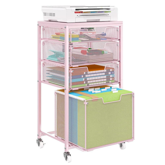 Sbanmao 4 Drawer Rolling File Cart Under Desk Storage, File Cabinets for Home Office, Mobile Filing Cabinet, Hanging File Organizer with Wheels, Utility Cart Printer Stand, Pink