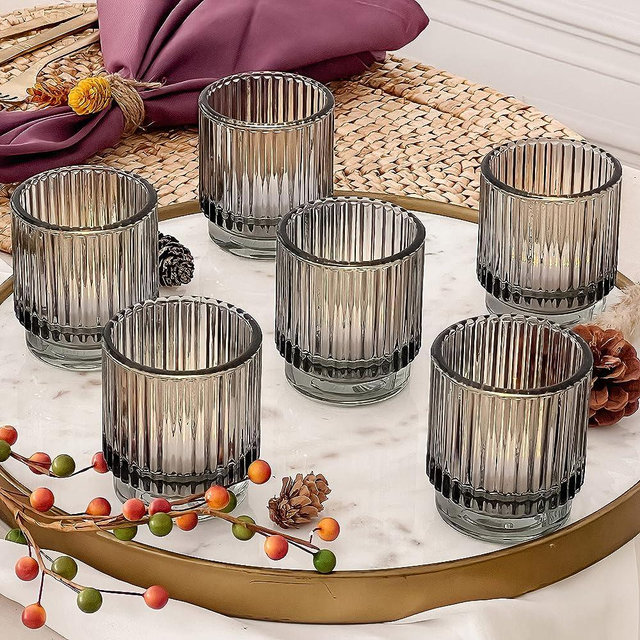 Smoke Gray Vintage Ribbed Glass Tealight Votive Candle Holders by Kate Aspen (Set of 6), Fall Decor, Boho Decor, Shelf Decoration | Perfect Hostess Gift or Home Decor