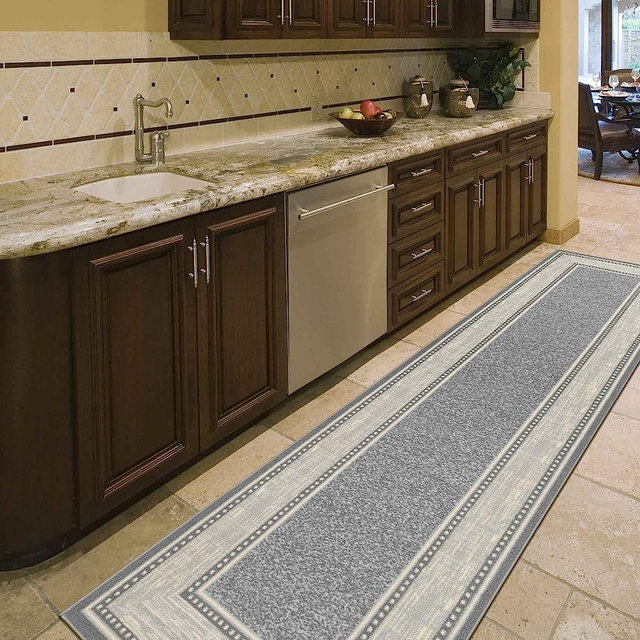 Machine Washable Bordered Design Non-Slip Rubberback 3x10 Traditional Runner Rug for Hallway, Kitchen, Bedroom, Living Room, 2'7" x 9'10", Light Gray