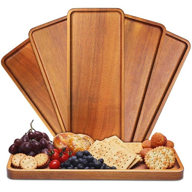 Solid Acacia Wood Serving Tray - 6 Pack, 14" x 5.5" Rectangular Wooden Serving Platter, Wood Boards for Food, Mini Cheese Board for Vegetable, Charcuterie, Appetizer, Decor by HOMKULA