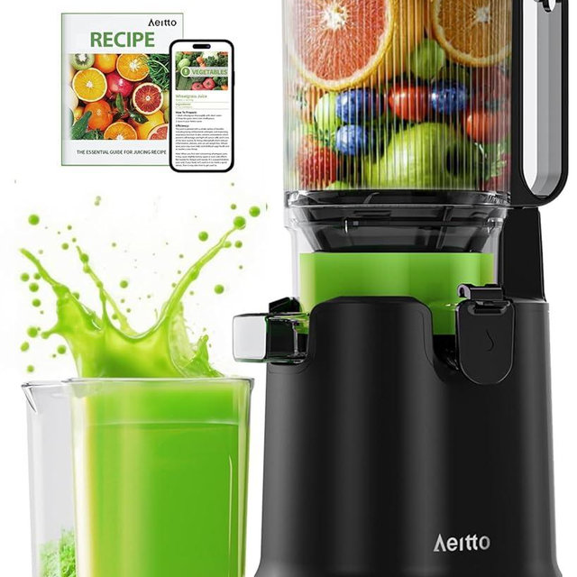 Cold Press Juicer,Aeitto Juicer Machines, 5.3“ Extra Large Feed Chute for Whole Fruits & Vegetables, Professional Juice Extractor, 1.7L Large Capacity, Self Feeding, High Juice Yield, Black