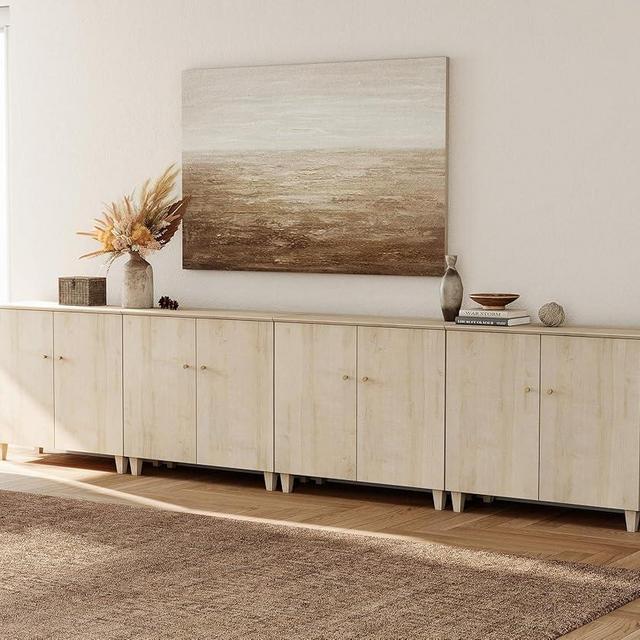 WAMPAT Modern TV Stands Media Console Tables for 110+ Inches TVs, 4 in 1 Wooden Extra Wide Long Entertainment Center with 8 Doors and Storage Cabinet for Living Room Bedroom, 141", Light Oak